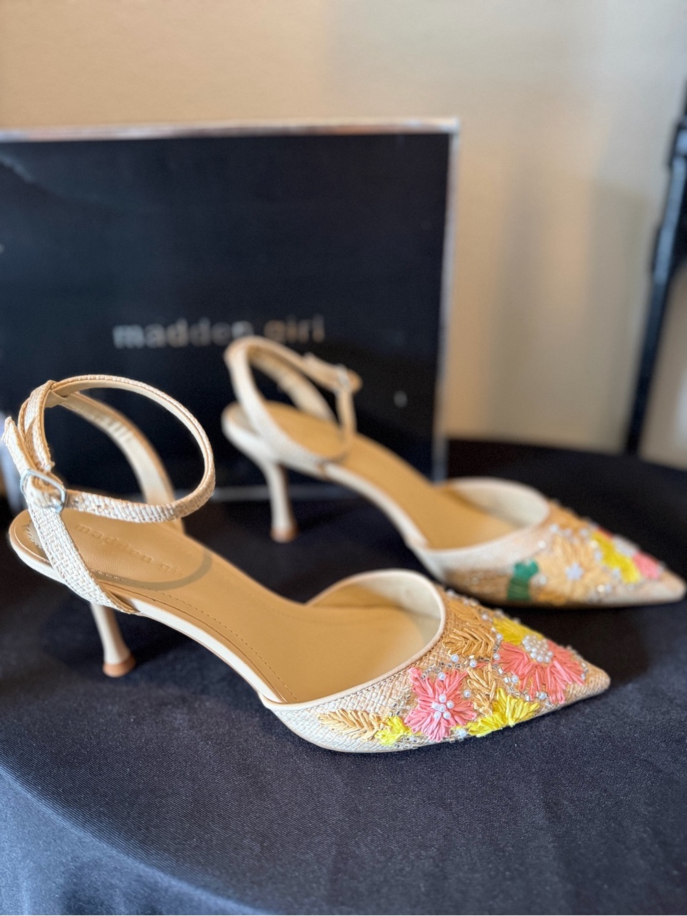 Madden Girl Floral Embellished Beige Pointed-Toe Slingback Heels